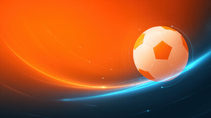 Fototapeta premium Soccer ball on orange and blue abstract background, glowing sport motion backdrop