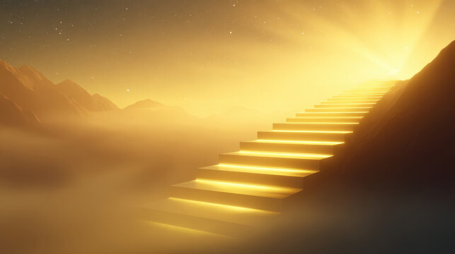 Golden staircase in misty mountain landscape, ethereal light path in dreamlike sky