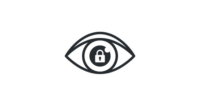 Minimalist black eye icon featuring a central padlock symbol representing digital surveillance security and private data protection in a clean modern vector graphic style design
