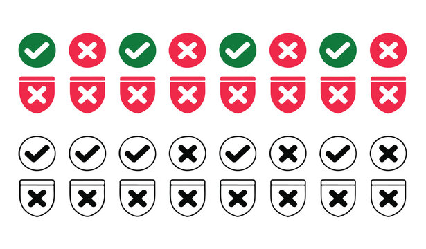 Set of approval and rejection icons in various styles including circles and shields.