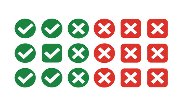Group of green check marks and red crosses inside circles and squares.