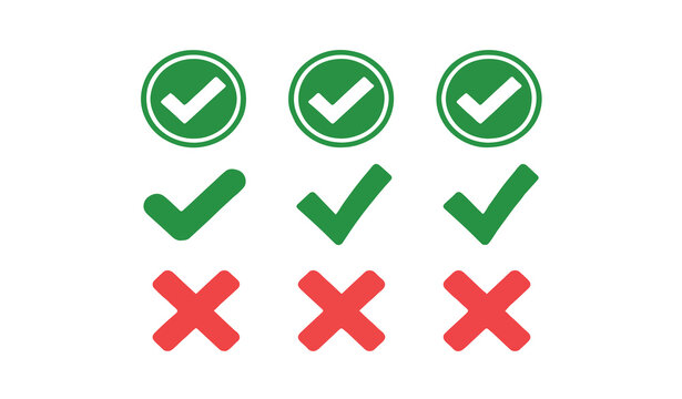 Check mark and cross vector icons set for correct and incorrect choice design elements.