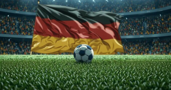 anime style Soccer ball on grass field with German flag waving in stadium background.