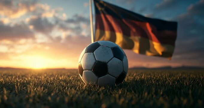 Soccer ball on grass field with German flag waving at sunset.