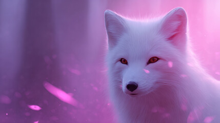 Fototapeta premium White fox spirit fox moonlight pink glow fantasy animal fluffy fur glowing eyes magical forest ethereal creature serene gaze