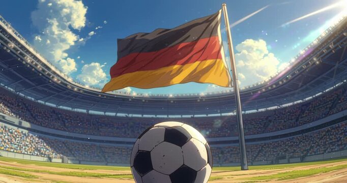 German flag waving in a soccer stadium with a soccer ball in foreground under blue sky.