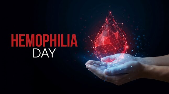 Hemophilia day awareness with red blood drop and hands
