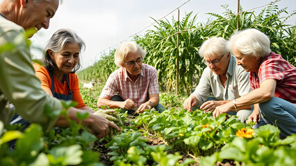 Fototapeta premium Intergenerational Sustainable Agriculture Learning Group: Diverse Ages Collaborating on Eco-Friendly Farming Practices, Sharing Knowledge for a Sustai