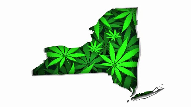 New York NY Map Marijuana Pot Leaves State Law CBD THC Pot Cannabis 3d Animation