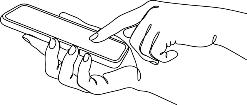 Continuous one line drawing of a person holding and using a smartphone.