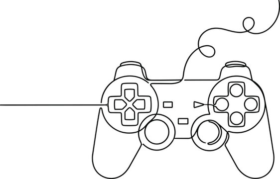 Continuous single line drawing of a classic video game controller.