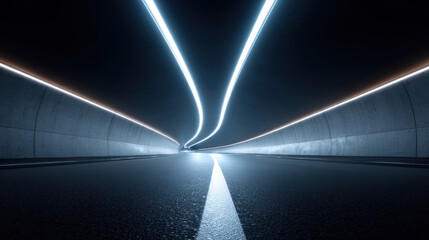 Fototapeta premium Tunnel road light trail empty road modern tunnel curved line night scene urban infrastructure asphalt surface concrete wall perspective view dark background motion blur long exposure highway