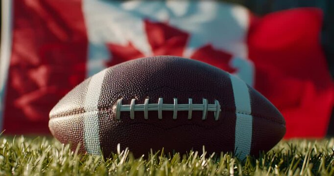 Close-up of an American football on grass with a Canadian flag in the background.