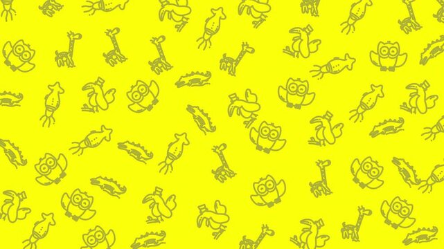 Bright yellow background with whimsical animal doodles. Tiny creatures include owls, giraffes, foxes, and frogs. Each outline is simple and cheerful, evoking playfulness