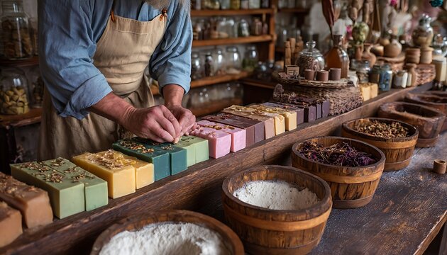 Artisan soap maker arranging colorful handmade soaps in a rustic shop.