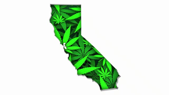 California CA Map Marijuana Pot Leaves State Law CBD THC Pot Cannabis 3d Animation