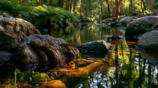 Serene stream flows gently through lush forest with sun dd light reflecting off rocks and water creating peaceful scene for nature lovers.