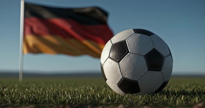 Soccer ball on grass field with German flag in background during sunset.
