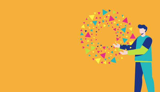 Modern flat design illustration of a man presenting a vibrant circular shape made of colorful geometric triangles on an orange background, symbolizing data, innovation, and business solutions.