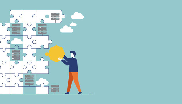 Businessman adding a bright lightbulb puzzle piece to a wall of data and cloud computing puzzles, representing innovative solutions and strategic technology integration.