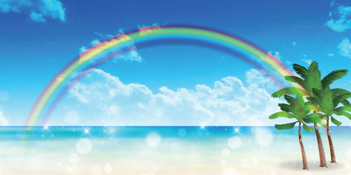 Beautiful Tropical Beach with Rainbow and Palm Trees Background