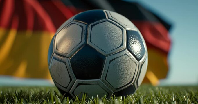 Close-up of a soccer ball on grass with German flag in background.