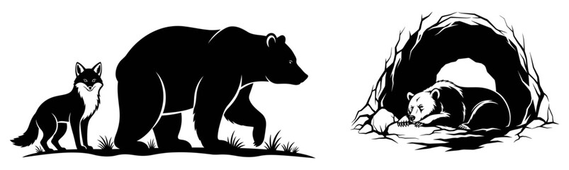 Obraz premium Black and white illustration of a bear and a fox in a natural setting