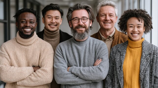 Portrait of a successful tech startup team (five diverse people, mix of ages) smiling confidently and standing together in a minimalist, light-filled office, unified, ambitious