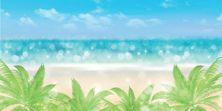 Beautiful tropical beach background with sparkling blue sea and palm leaves