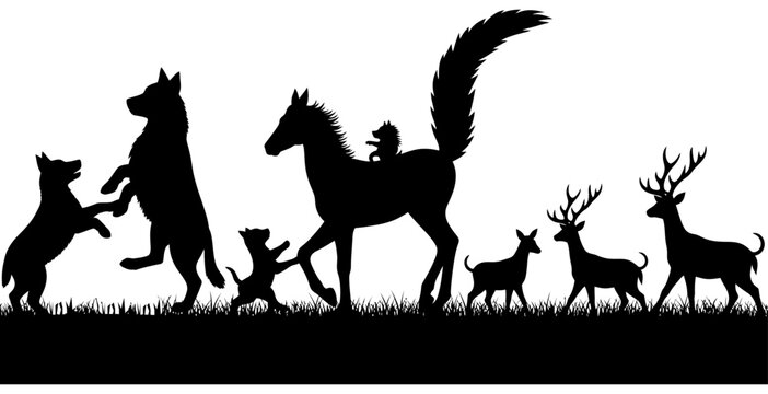 Animal silhouette parade wolf horse deer squirrel dog and cat