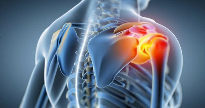 3D medical animation of human shoulder joint pain. Medical Animation of a Fractured Scapula Bone with Red Highlight Indicating Injury Close Up Showing Rotator Cuff Tendons and Humerus Bone in Dark