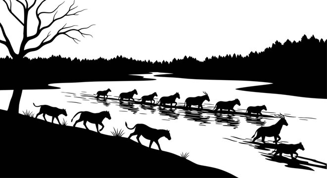 African wildlife silhouette zebras crossing river at sunset