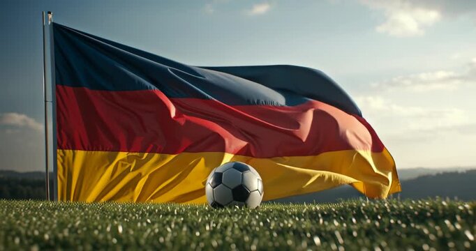 Soccer ball in front of waving German flag on grass field at sunset.