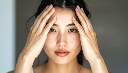 Fototapeta premium 清楚で可愛らしい日本人女性の美容ポートレート 白背景のナチュラルスキンケアイメージ