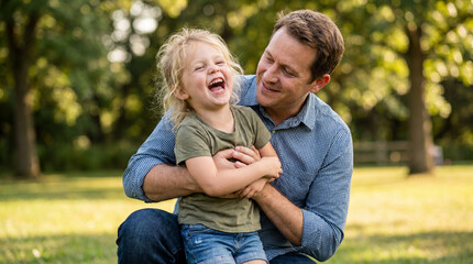 Fototapeta premium Father's Day celebration with dad hugging laughing daughter in sunny park for family holiday greeting card poster social media content advertising campaign