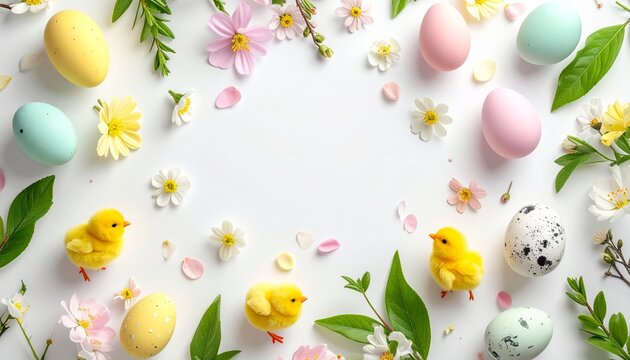 Flat lay of pastel Easter eggs baby chicks and spring flowers arranged on white background with copy space