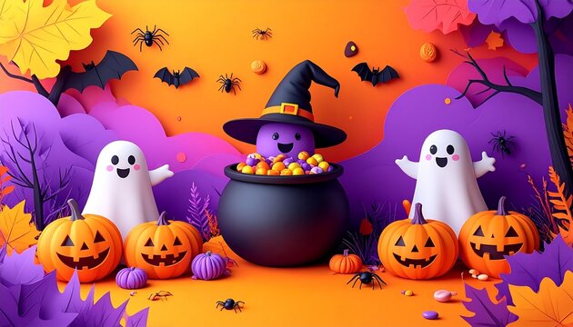 Cute Halloween paper art scene with friendly ghosts pumpkins and witch cauldron on orange background
