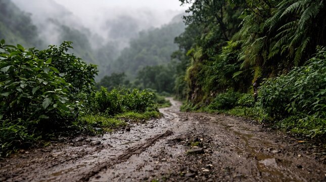 Muddy dirt road winding through a dense tropical forest with misty mountains during monsoon, off-road adventure concept