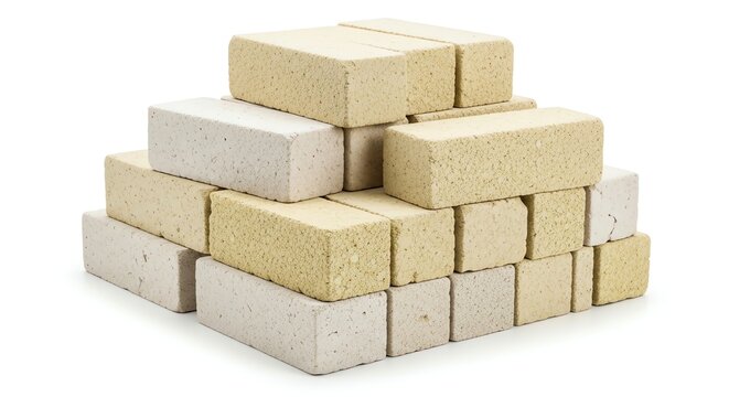 Stacked beige and white bricks arranged in a layered pattern for construction or decorative purposes.