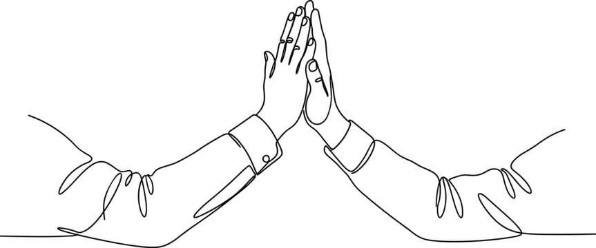 Continuous line drawing of two hands clapping or giving a high five.
