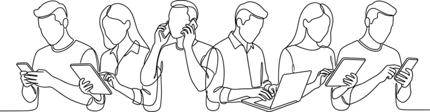 Continuous line art illustration of a diverse group of people using various digital devices.