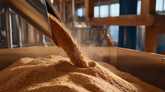 Raw material crushing sugarcane corn starch in factory, close up of grain flow into pile with industrial equipment and warm light