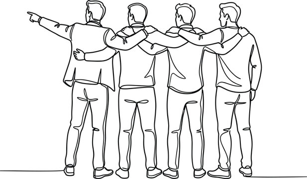 Continuous line drawing of four men standing together in a row.