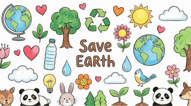 save earth recycle colored crayons pencils sketch art pattern icon 