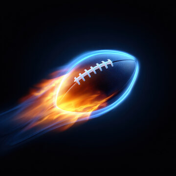 American football ball with blue glow and fire trail flying on black background