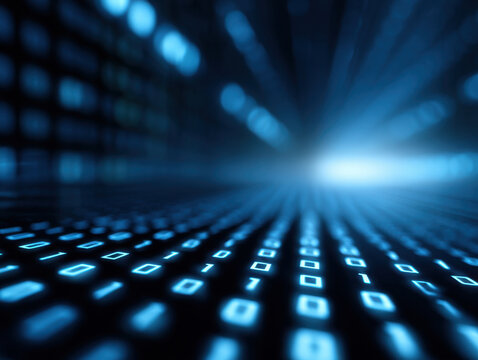Digital code binary data blue light abstract background perspective view depth of field futuristic technology cyber space data stream glowing number matrix grid information network computer code