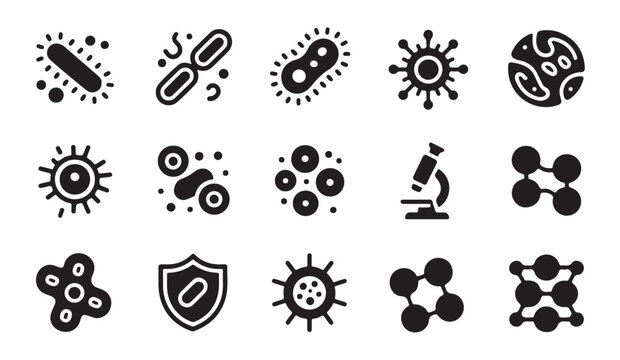 Pathogens, bacteria, viruses, and microscope with shield black glyph vector icon set.