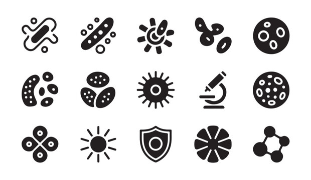 Set of black and white virus and bacteria icons, microscopic germ symbols and medical tools.