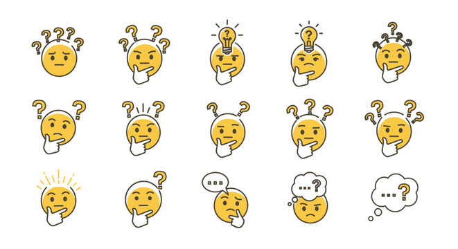 Set of thinking emoticons expressing confusion ideas and questioning