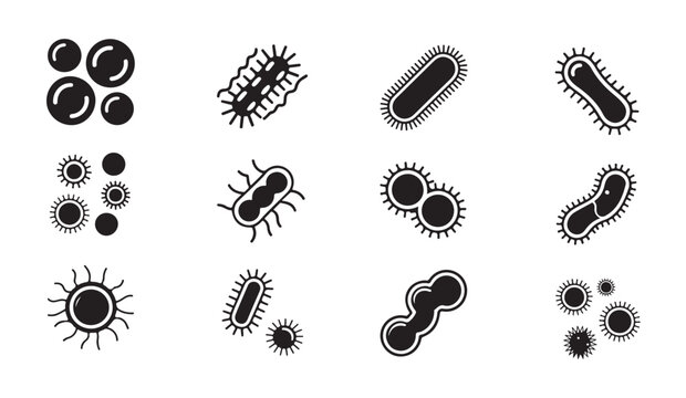 Collection of various bacteria and germs, microscopic organisms on white background.